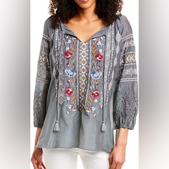 Johnny Was Tops - Johnny Was Top Women's Large Angelique Eyelet Peasant Gray Silk Blend Blouse